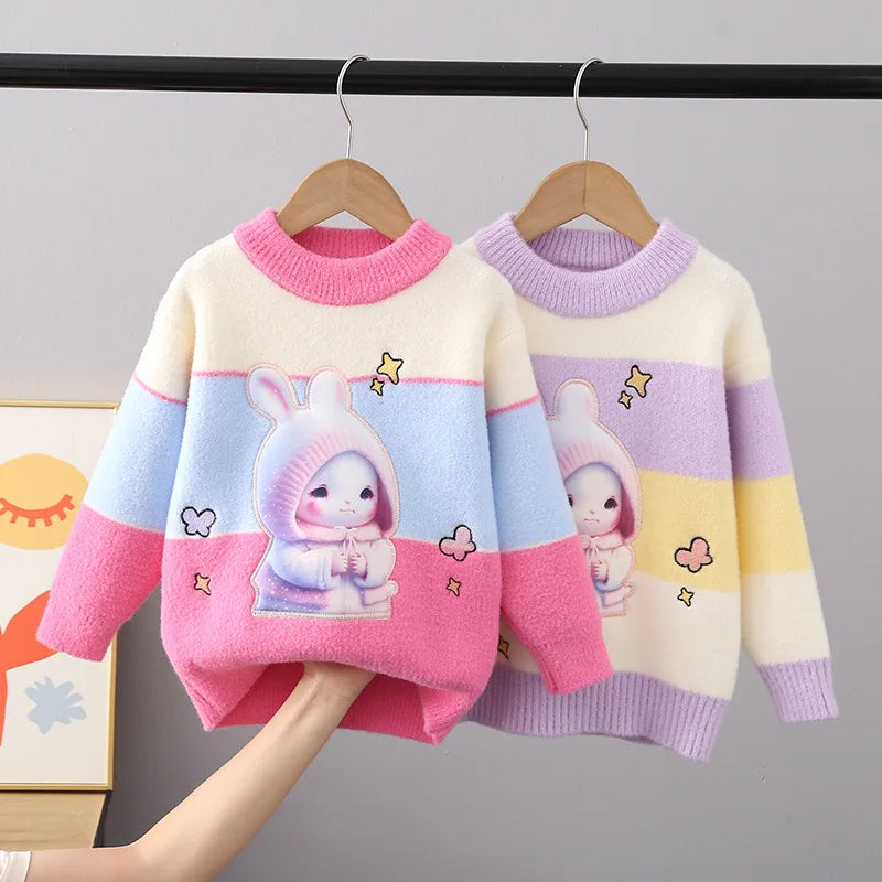 Autumn Winter Fluff Pullover Sweater Thickend Cartoon Rabbit O-Neck Full Sleeve