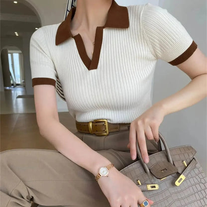 Short Sleeve Polo Neck Knitted Lightweight Knitted Sweater Polo Shirts