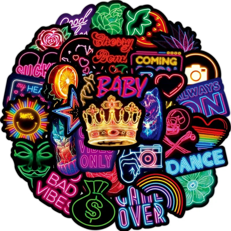 10/25/50pcs Cool Mixed Neon Lights Graffiti Stickers for DIY Guitar Phone Laptop Skateboard