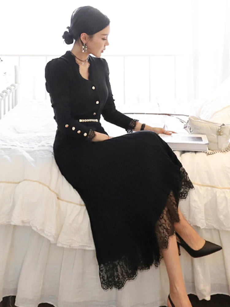 Queen Stitching Lace Long Slim Casual Dress Set