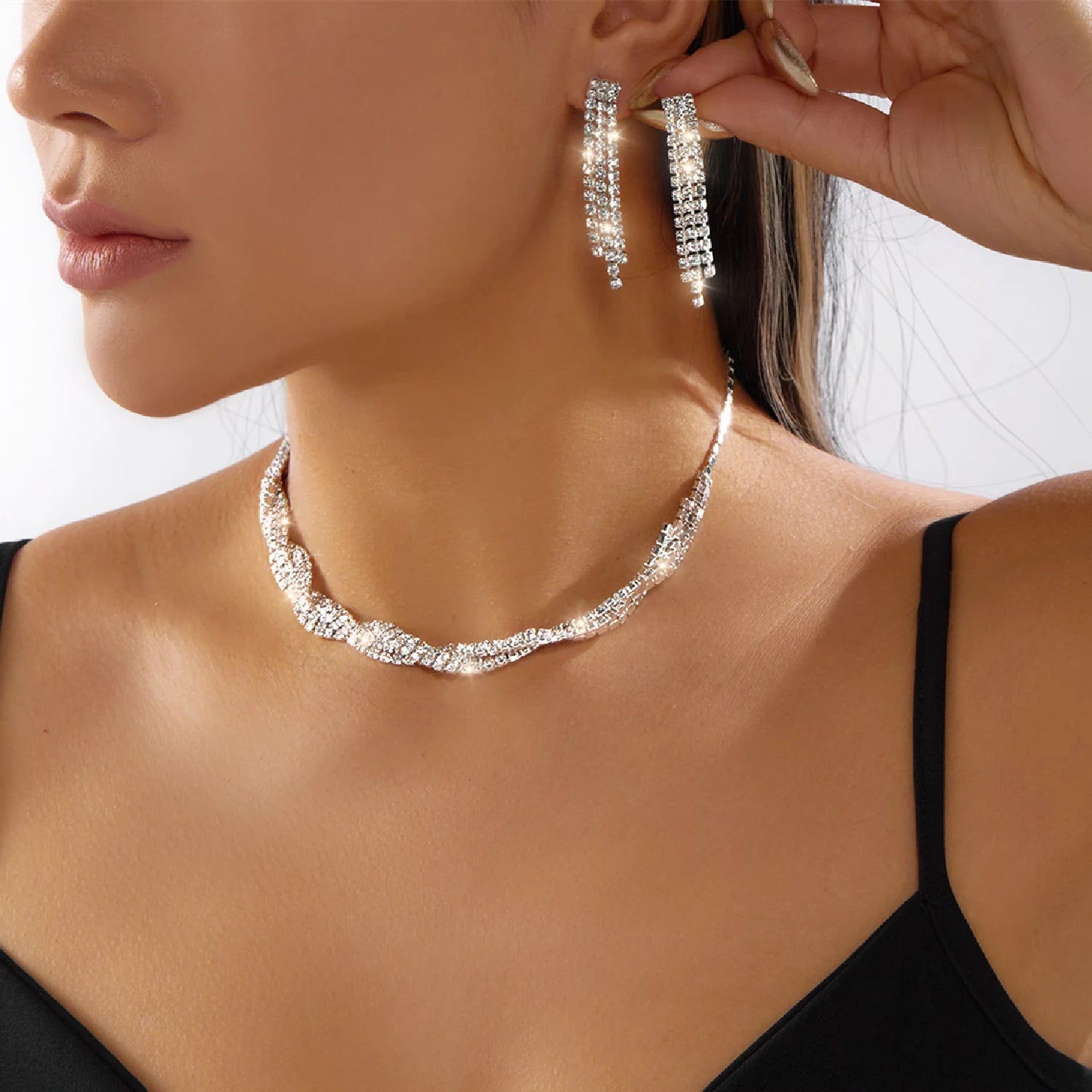 Double Layer Choker Necklace Full Rhinestone Cuff Set