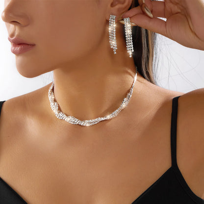 Double Layer Choker Necklace Full Rhinestone Cuff Set