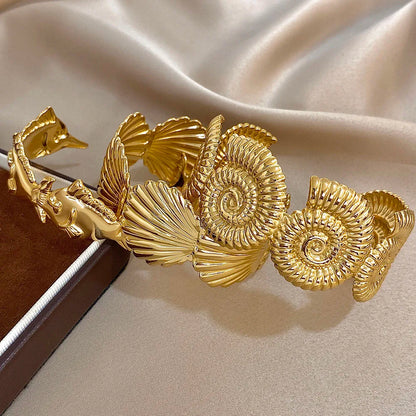 Gold Stainless Steel Open Exaggerated Fish Conch Shell Chunky Bangle Bracelets