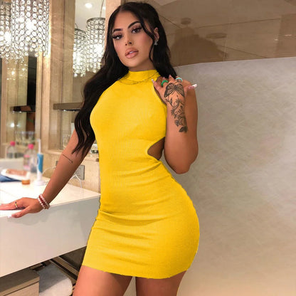 Sexy High Neck Halter Mini Sleeveless Cutout Waist Ribbed Bodycon Short Dress
