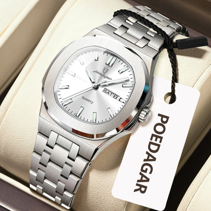 Square Date Week Waterproof Luminous Stainless Steel Quartz Watches