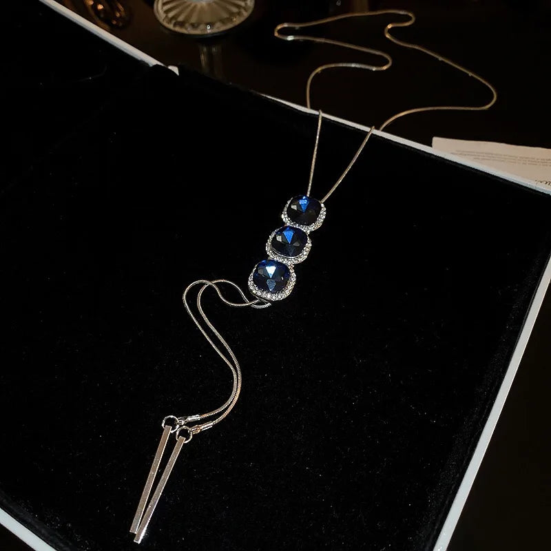 Luxury Jewelry Blue Crystal Tassel Long Necklace