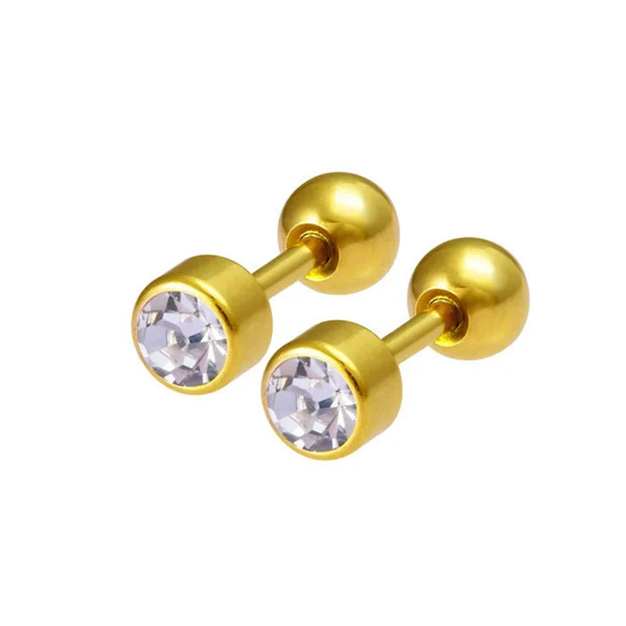 2Pcs Surgical Steel Crystal Screw Ball Stud Earrings