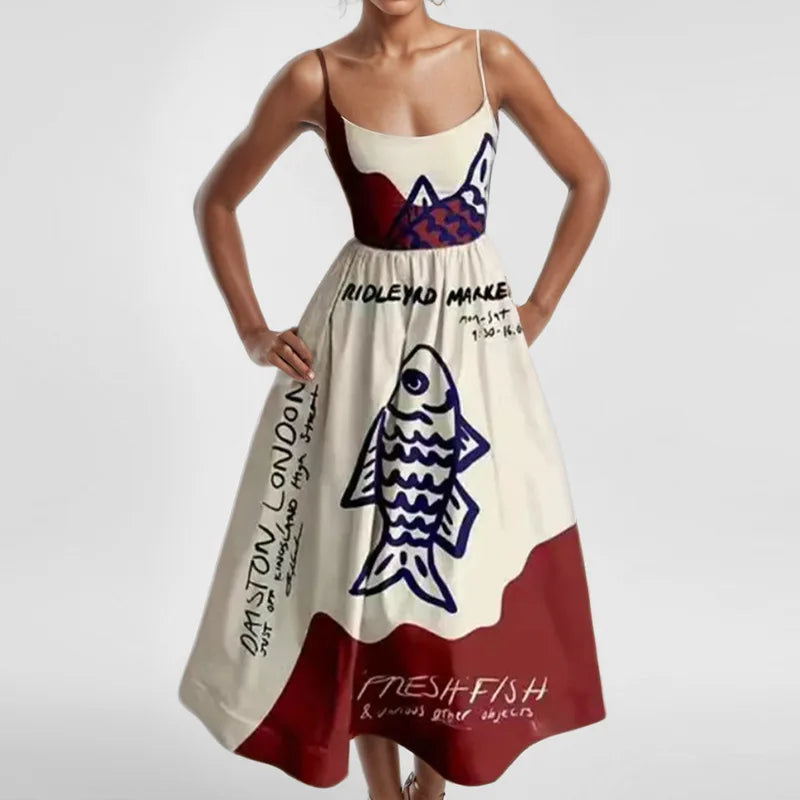 Print Suspenders Blue Ocean Fish Pattern Sexy Long dress