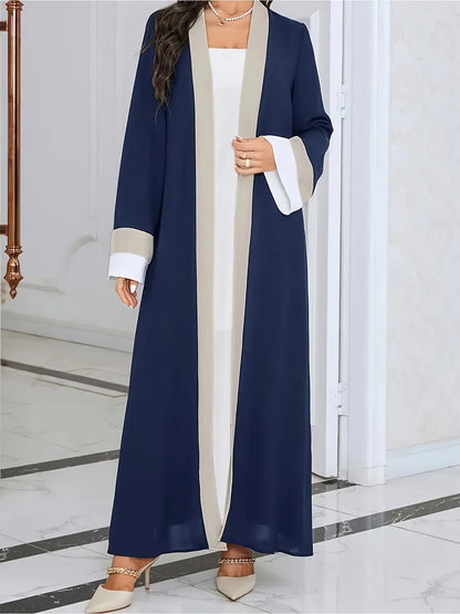 Casual Ramadan Open-Neck Long-Sleeved Color-Block Slim-Fit Dress