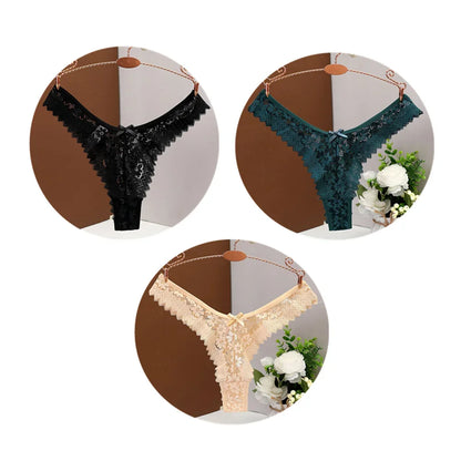 3PC Sexy T Back Thong Mid Waist Lace Transparent Underwear
