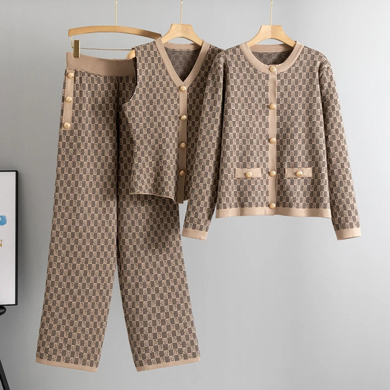 Elegant Long Sleeve Sweater Coat Single Breasted Knit Vest 3 Piece Sets