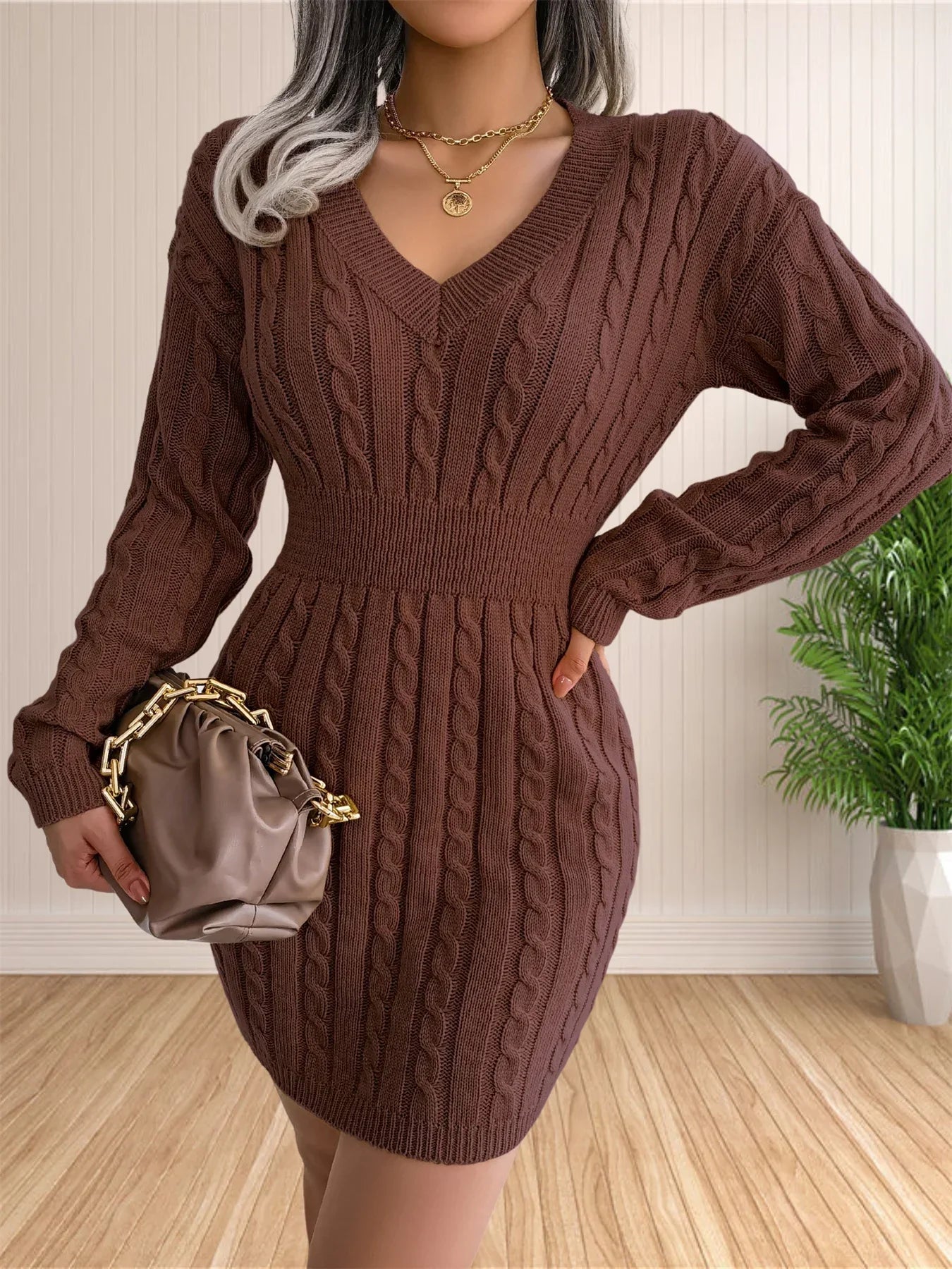 Sweater Cocktail V Neck Knitted Dress