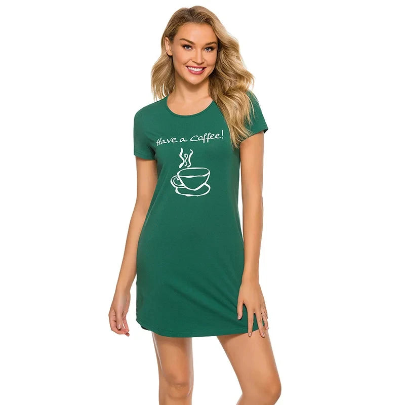 Plus Size Ice Silk Cartoon Cat Printed Short Sleeve Round Neck Dress Oversized Nightgown