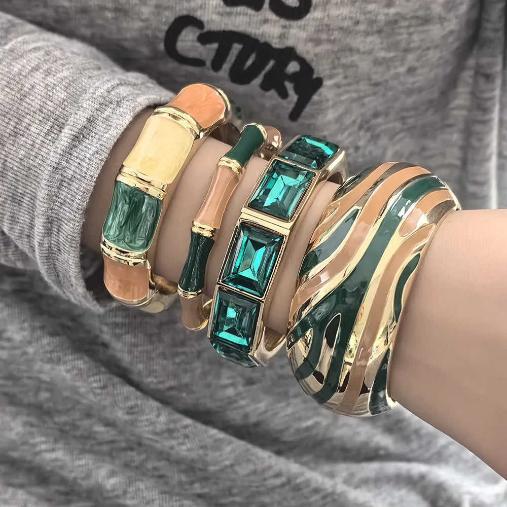Minimalist Green Zinc Alloy Bangles Geometric Wide Cuff Open Bangle Bracelets