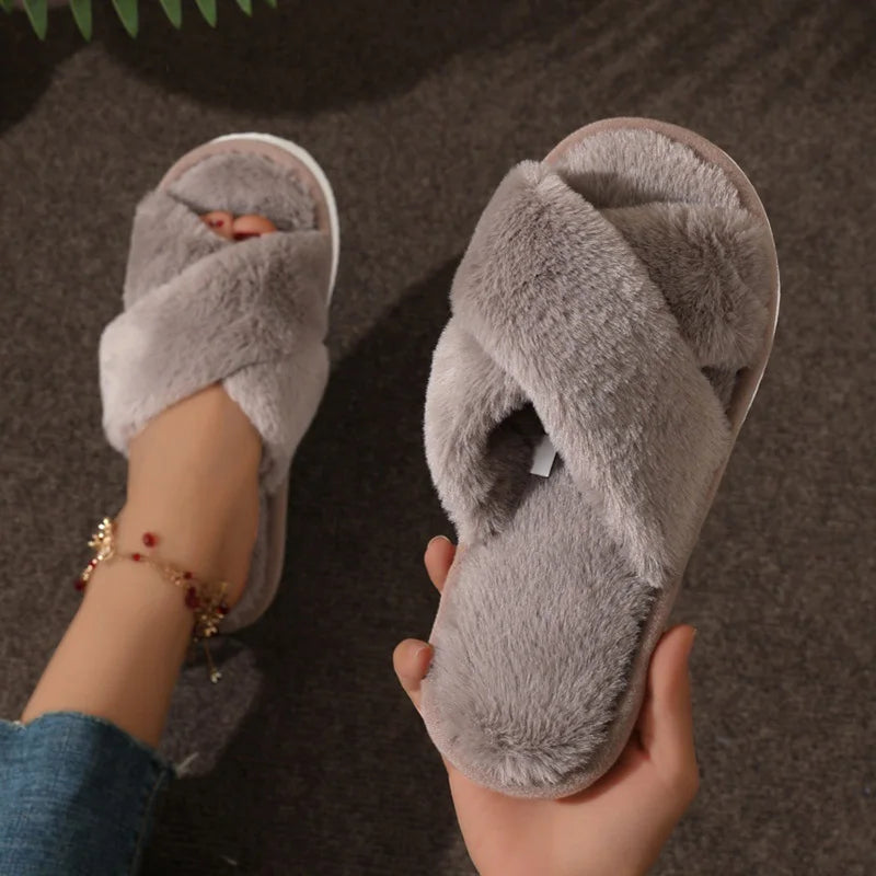 DANA Cross Strap Fur Slippers