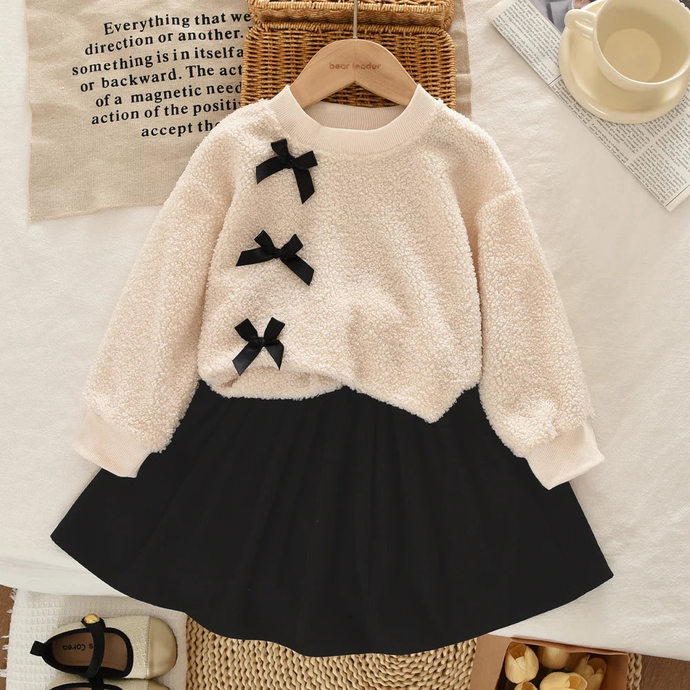College Style Bow Long Sleeve Plush Top + Short Skirt Sets