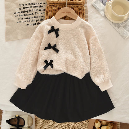 College Style Bow Long Sleeve Plush Top + Short Skirt Sets