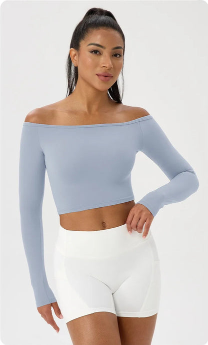 Sexy Off Shoulder Yoga Top Long Sleeve Gym Running Shirt