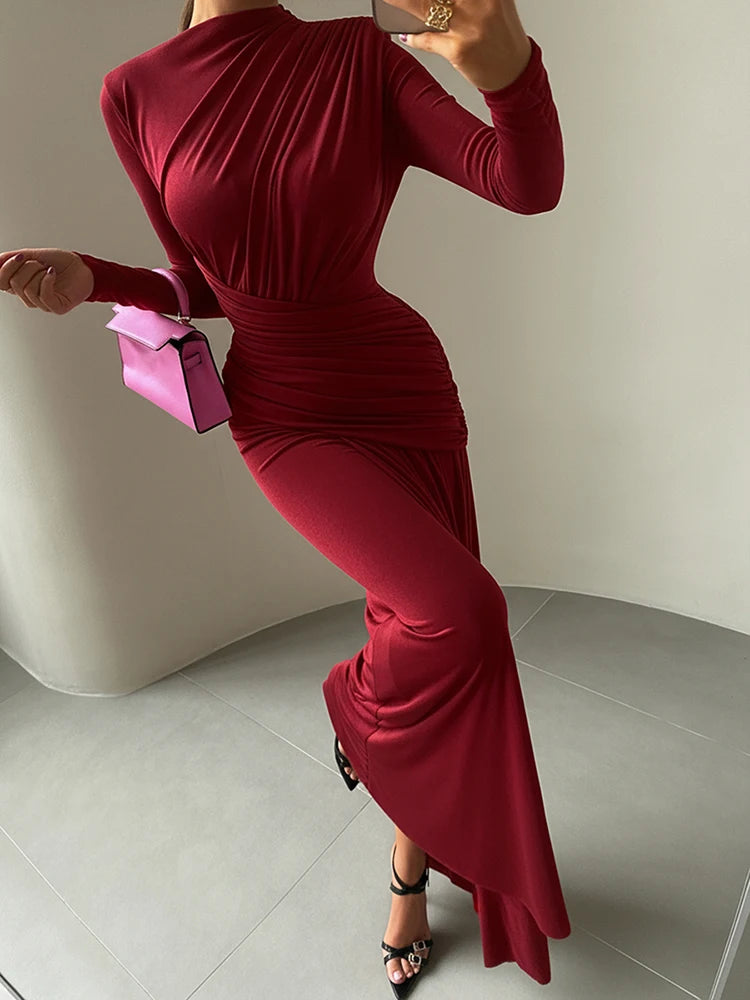 Folds Maxi Full Sleeve Elegant Skinny Dress