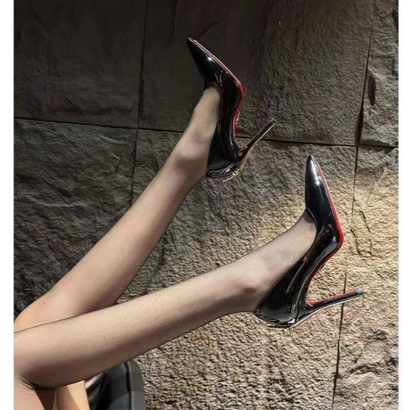 High Heels Pointed Metal Swords Sexy Queen Black Lacquer Leather Shoes