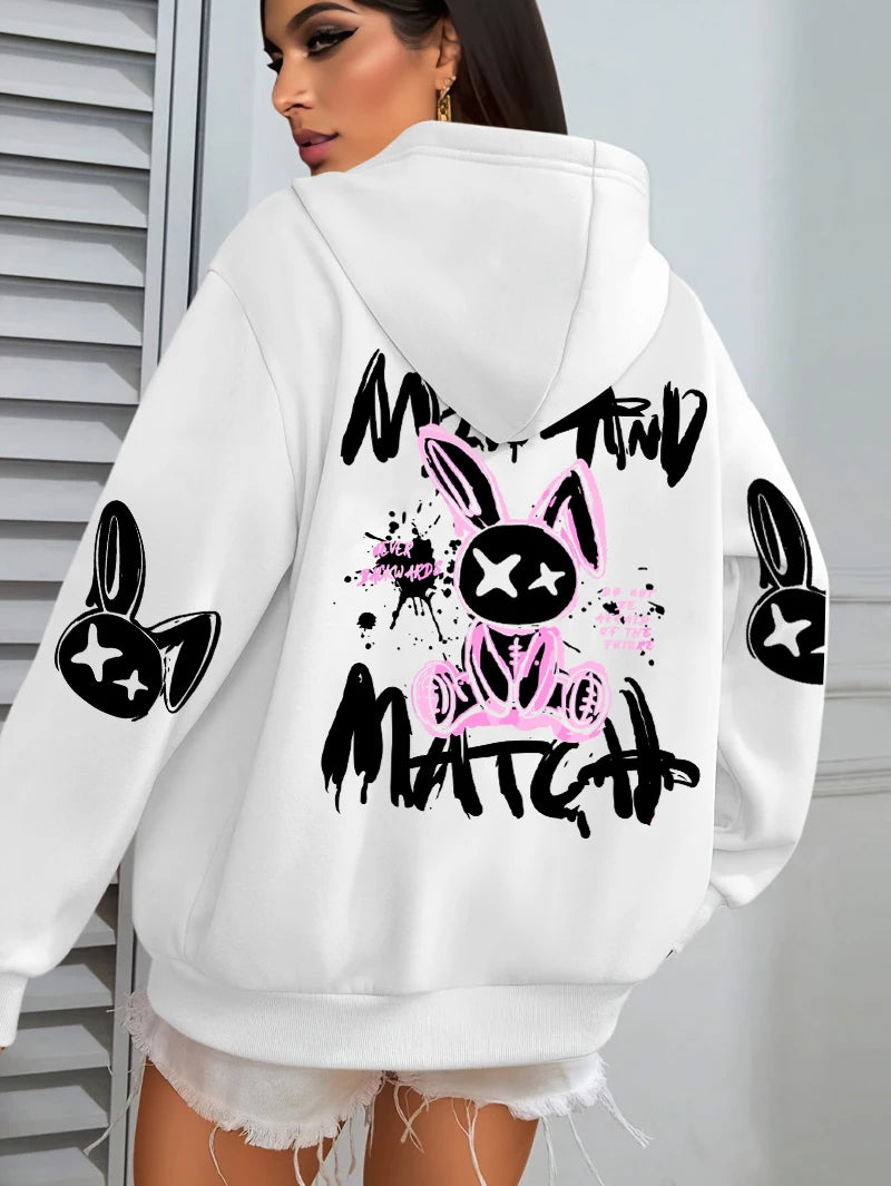 Mix And Match Cartoon Rabbit Prints Hoodie Pocket Streetwear