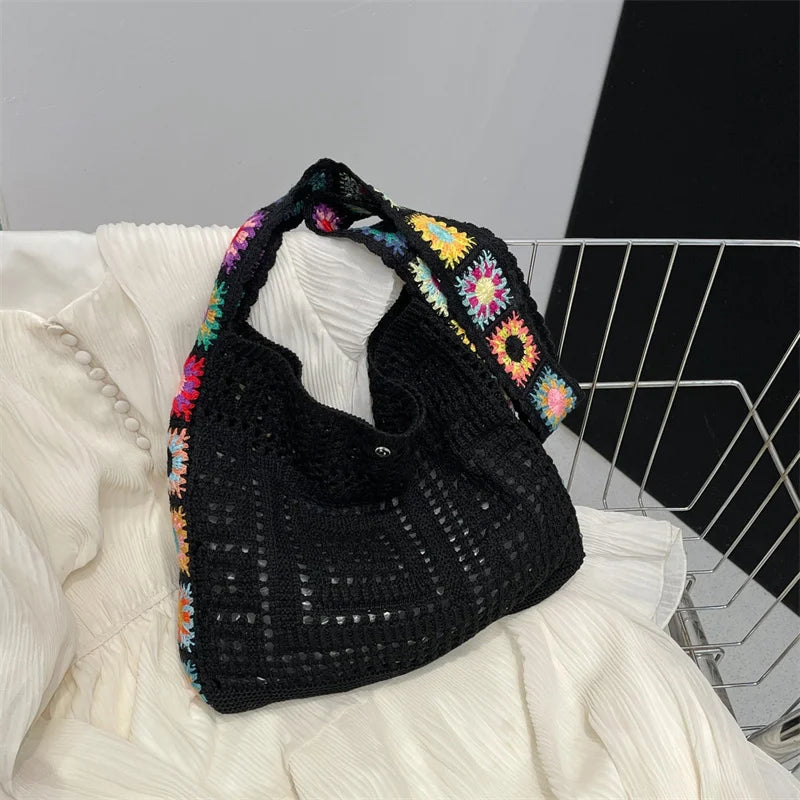 Large Capacity Boho Tote Floral Crochet Handbag