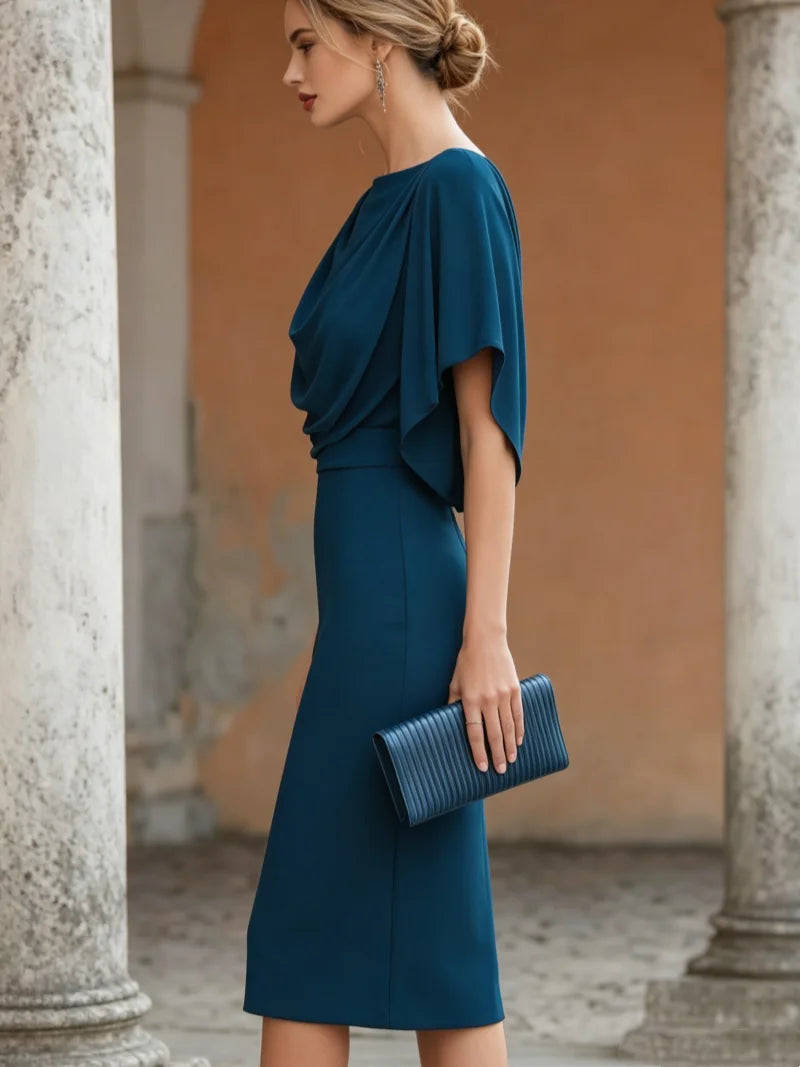 Short Sleeve Midi Dress Cowl Neck Draped Cape Bodycon Dress