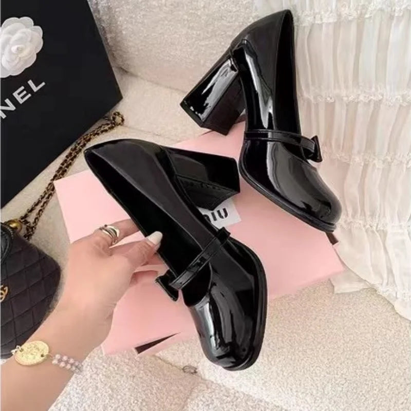 Pointed-toe high-heeled bow-shaped thick-soled Mary Jane shoes