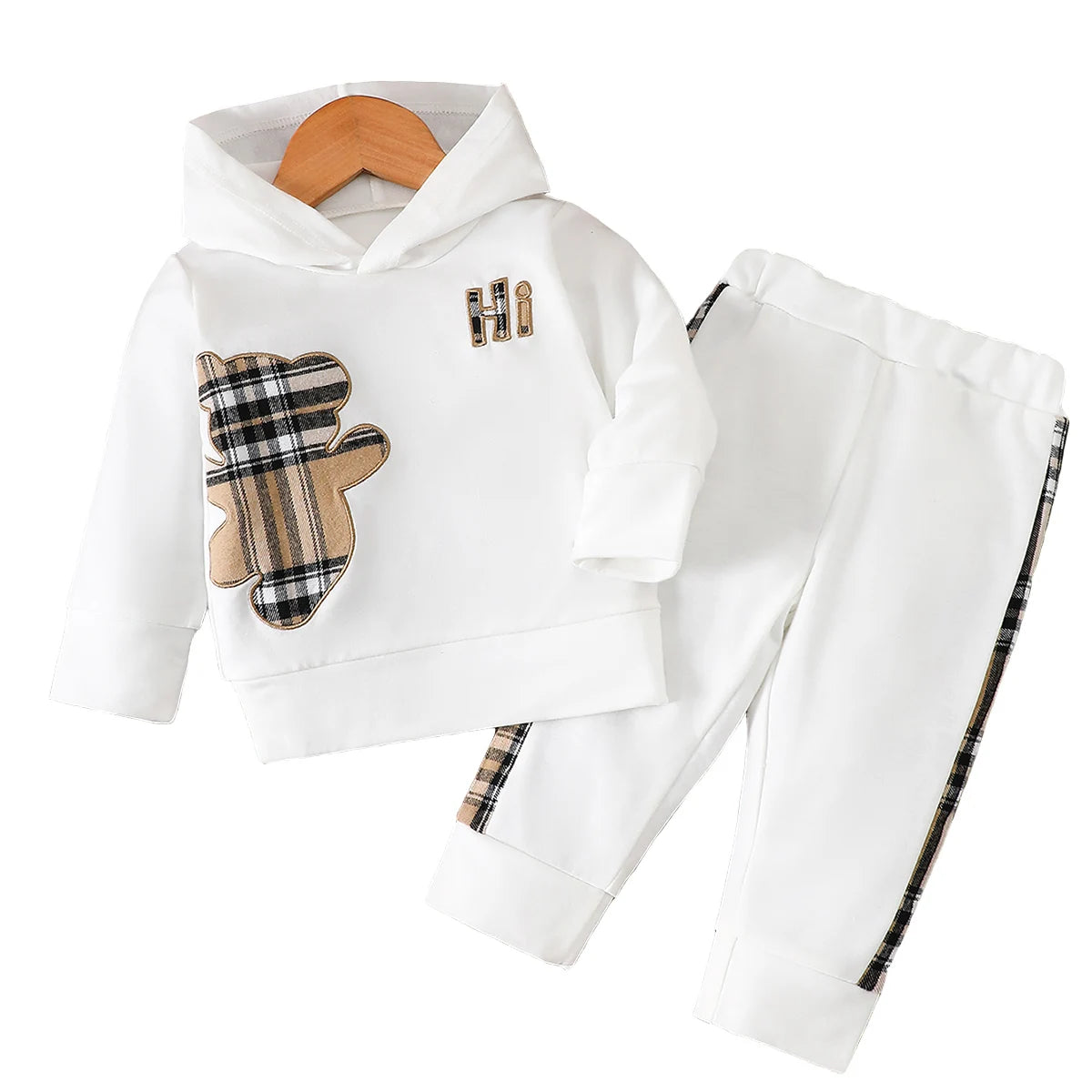 Infant Cartoon Bear Plaid Patchwork Hoodie Outfits Casual Sweatsuits 1-3Y Set