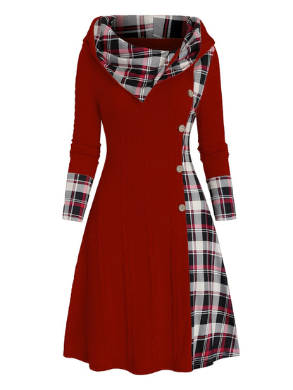 Knitted hooded plaid print stitching fake buckle high waist long sleeve dress