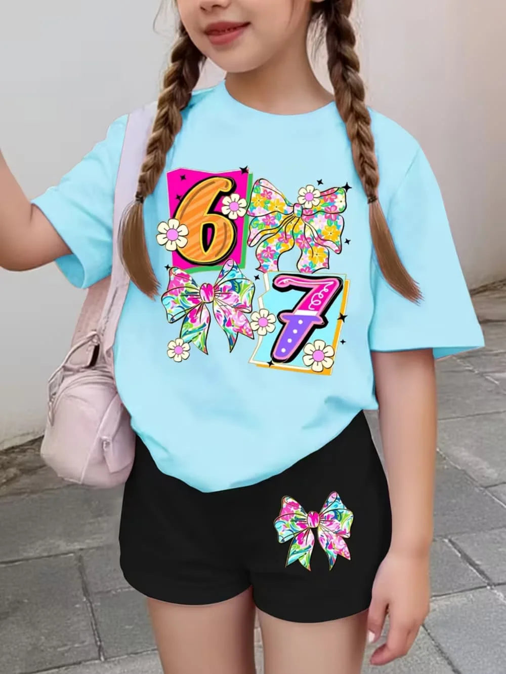 67 Six Seven Cute Bows Flowers Print Short Sleeve T-Shirt Set