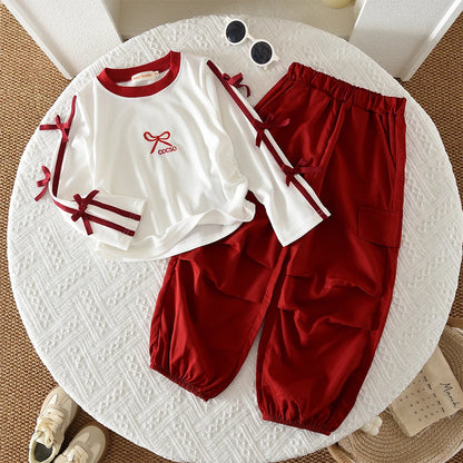 Autumn Red Bow Decoration Letter Embroidery Long Sleeved Pants Set