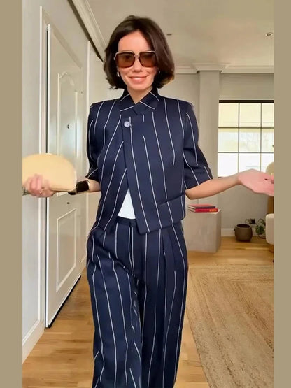 Daily Striped Short Sleeve Blazers Coat Chic Straight Long Pants Set