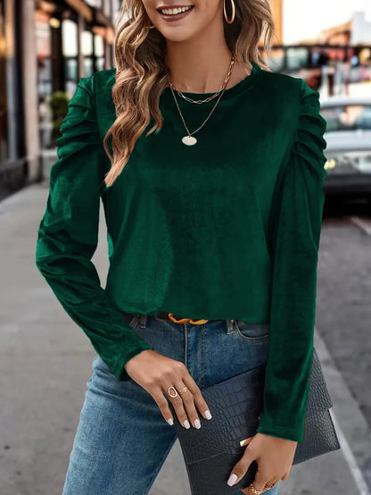 Autumn Round Neck Puff Long Sleeve Velvet Fashion Top T-shirt