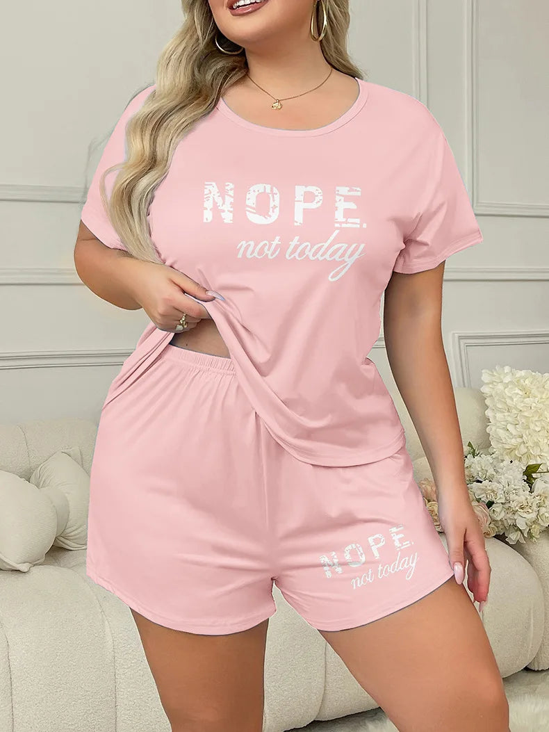Letters Print Short Sleeve Tee And Elastic Shorts Plus Size Fit Pajama Set