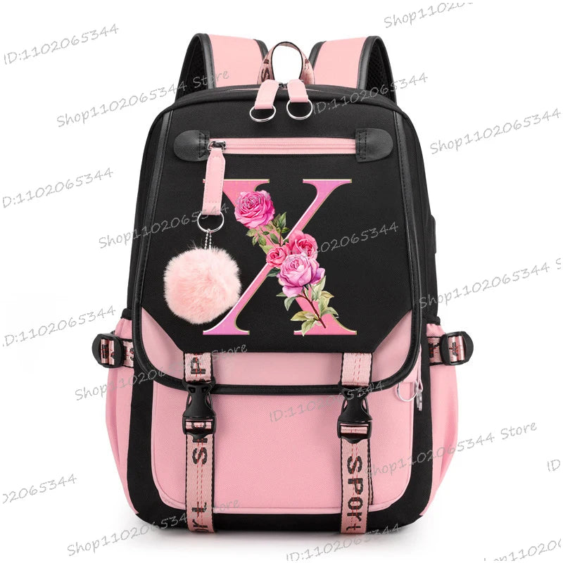 Black Pink Backpacks 26 Initials Flower A-Z Alphabet Large Capacity Students Bookbag