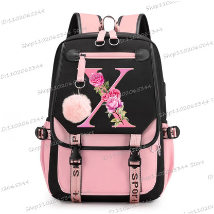 Black Pink Backpacks 26 Initials Flower A-Z Alphabet Large Capacity Students Bookbag