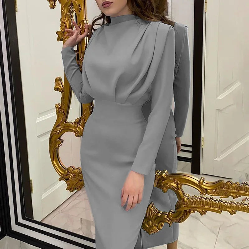 Waist Wrapped Long Sleeves Round Neck Dress