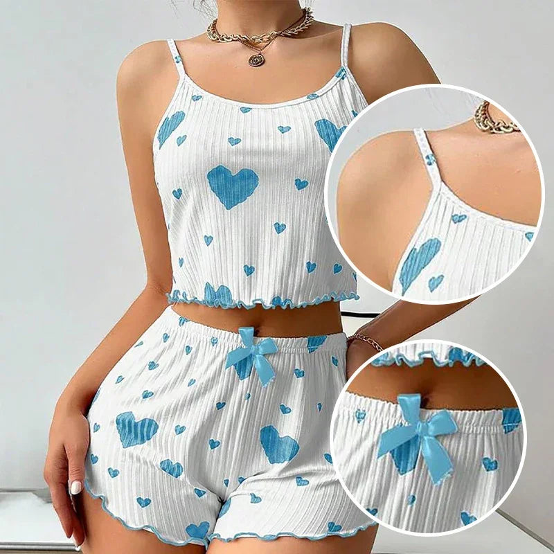 Short Tank Ventilate Soft Casual Love Printing Pyjama Set