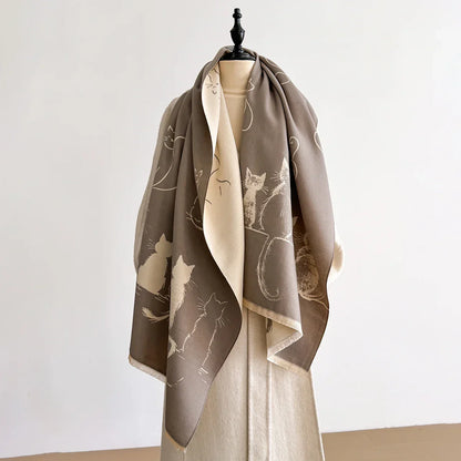 Luxury Winter Cashmere Little Cat Print Scarf