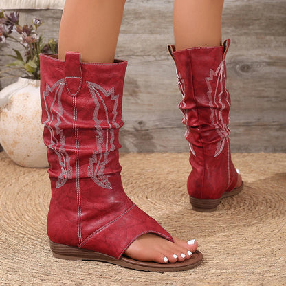 Embroidered Clip-Toe Wedge Heel Stylish Breathable Western Boots