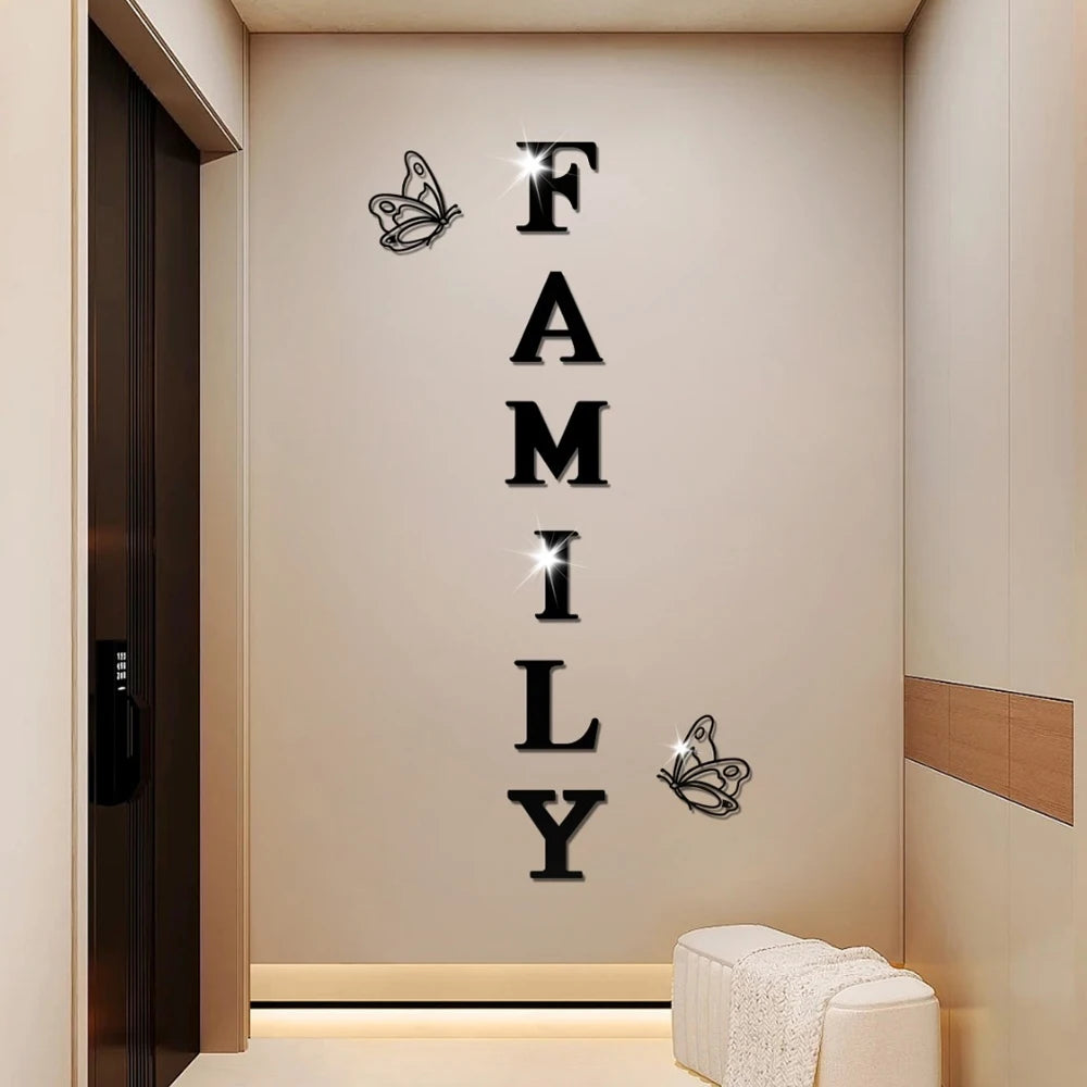 Two butterflies English Letters Family 3D Mirror Wall Stickers