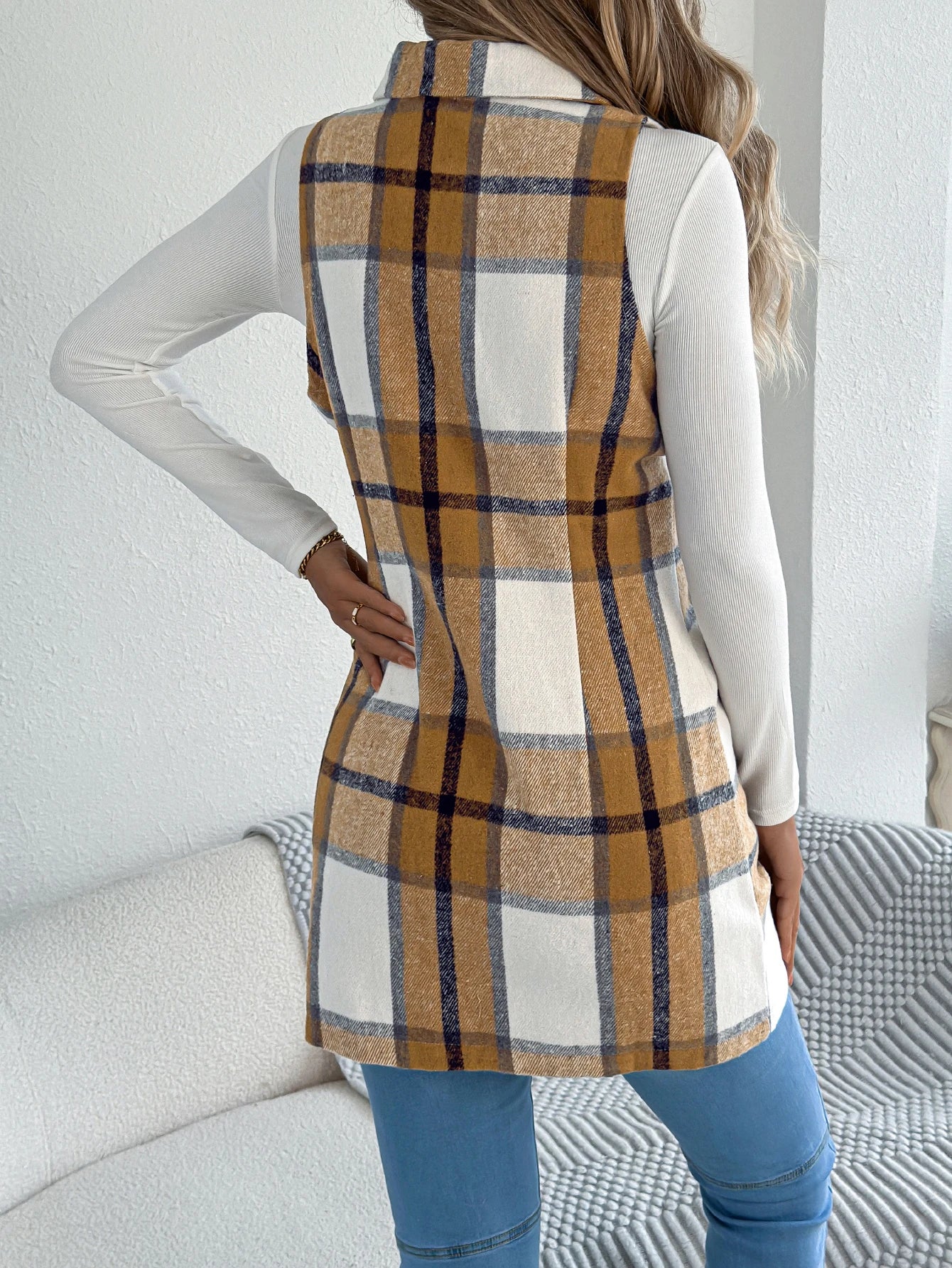 Lapel Double Breasted Plaid Vest Sleeveless Blazer
