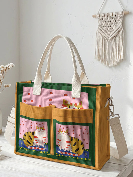 Vintage Folk Art Cat Print Corduroy Tote Large Capacity Multi Pocket Cat Lover Shoulder Bag