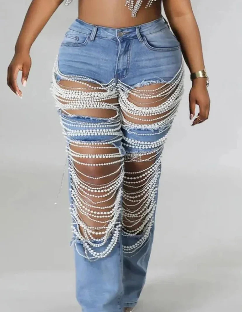 Ripped Straight Diamonds Chain Stretch High Waist Jeans Pants