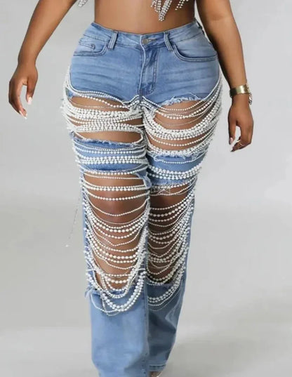 Ripped Straight Diamonds Chain Stretch High Waist Jeans Pants