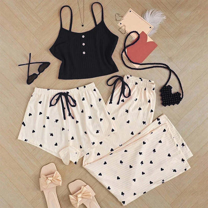 Casual Heart-Shaped Printed Vest and Shorts and Pants Paired with Ribbed Sleepwear Set