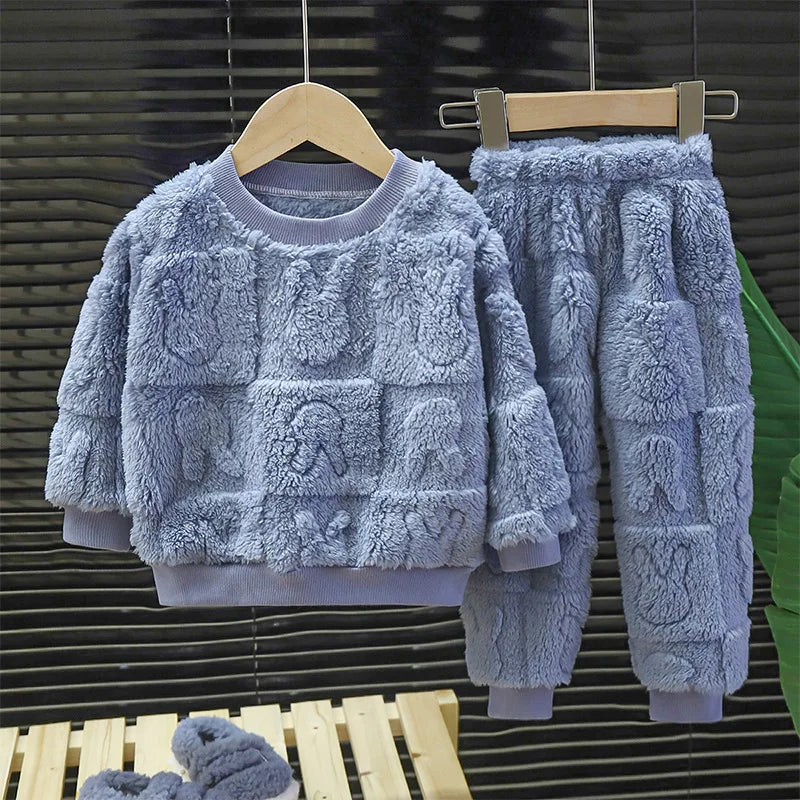 Cotton Autumn Winter Plus Fleece Warm Cartoon Top+Pants Set