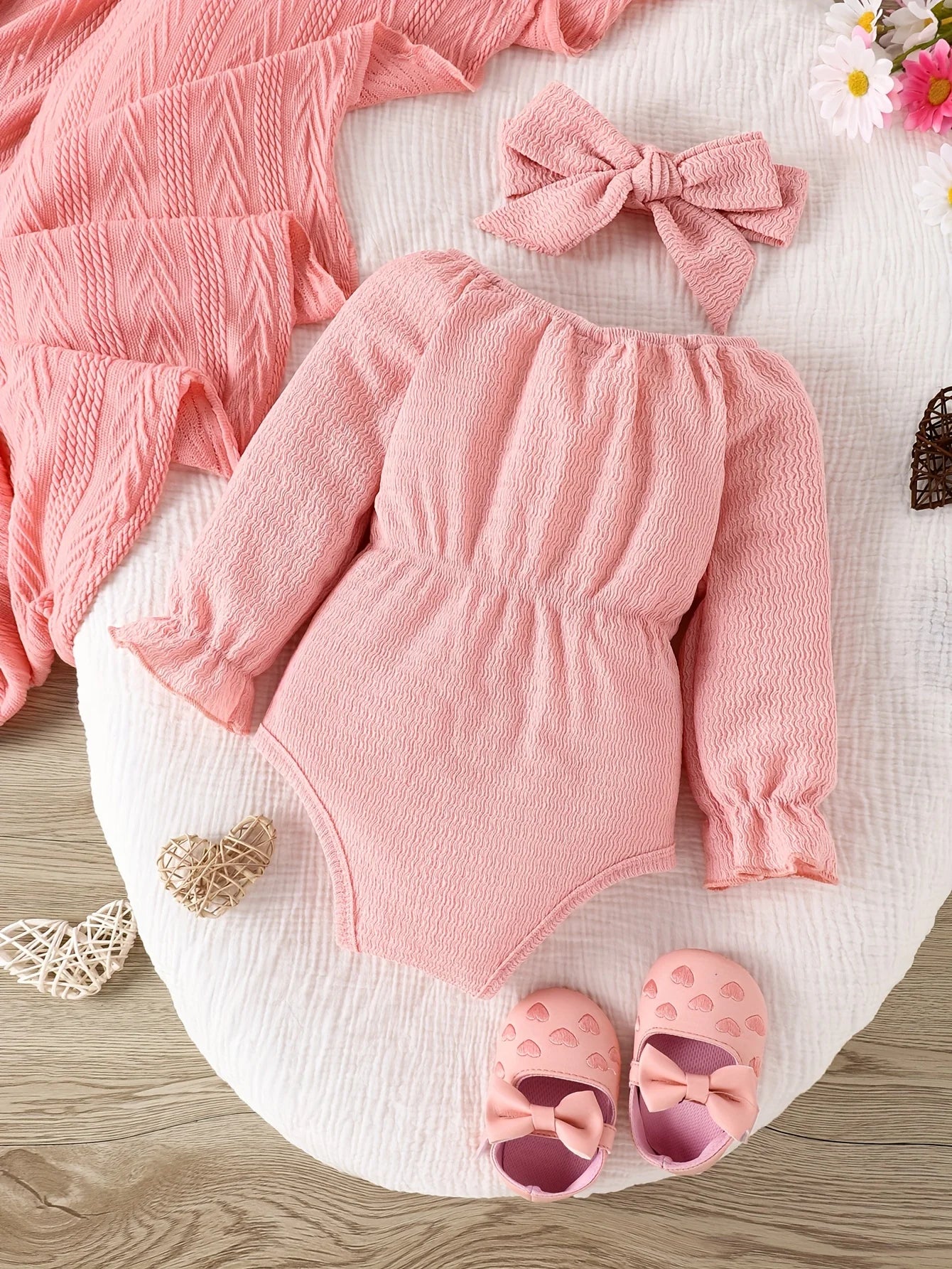 2pieces-Baby Bow Pink Long Sleeve Onesie Set