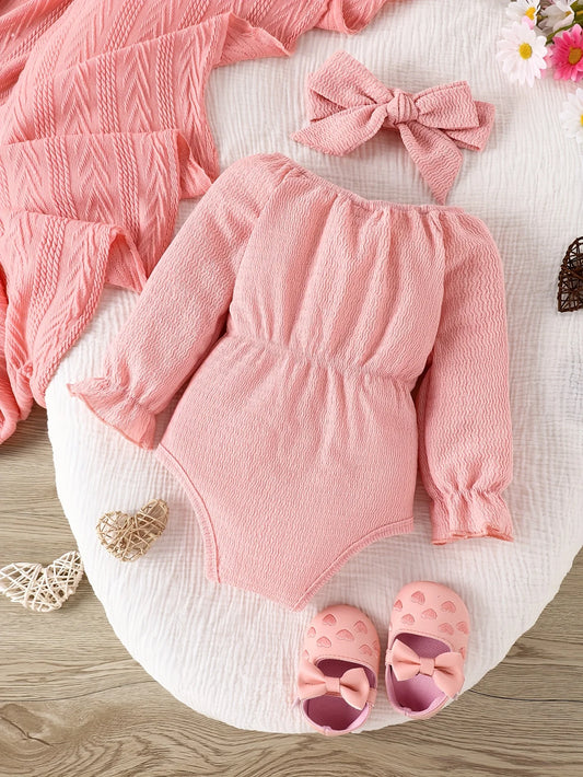 2pieces-Baby Bow Pink Long Sleeve Onesie Set